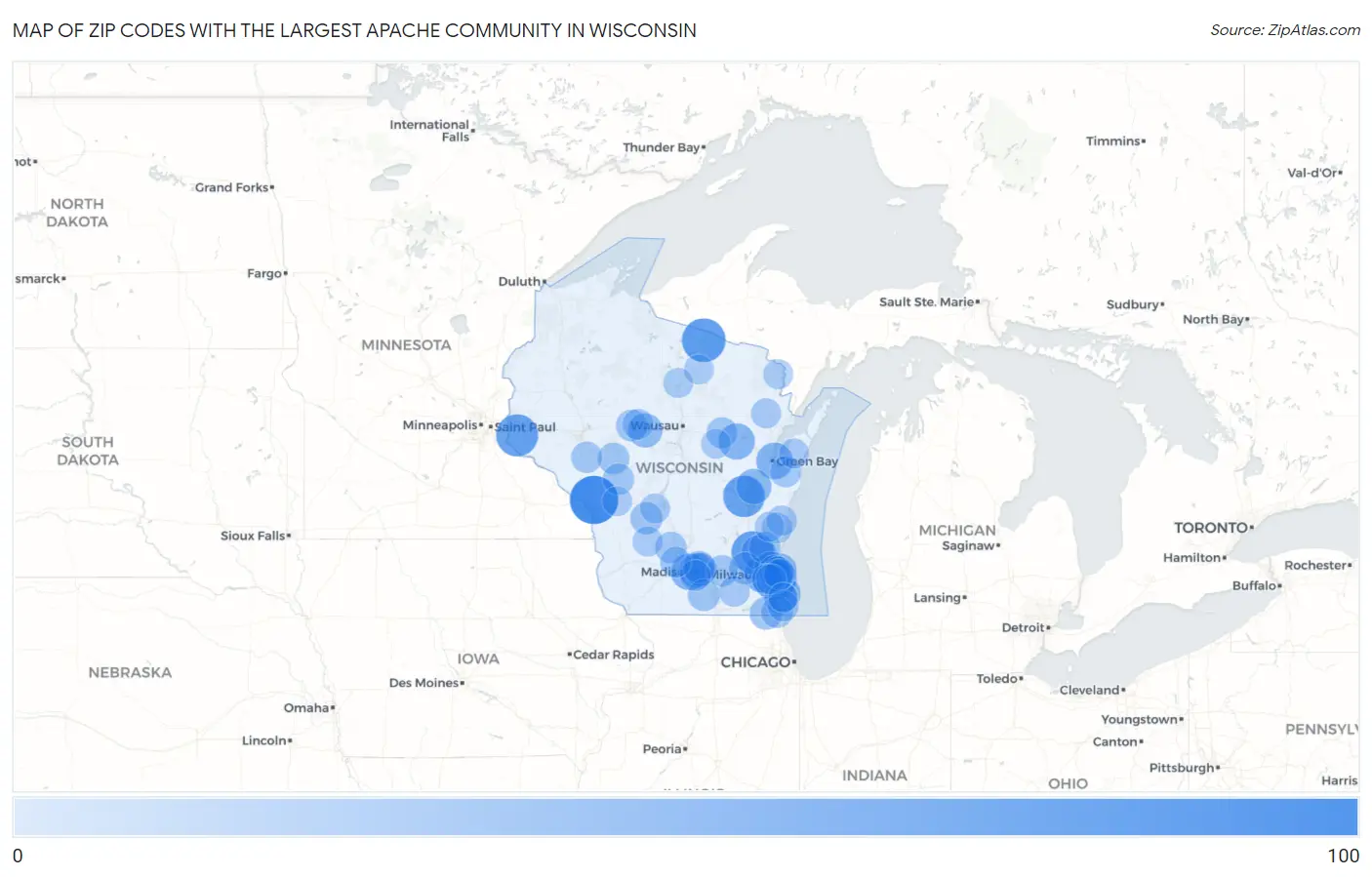 Zip Codes with the Largest Apache Community in Wisconsin Map