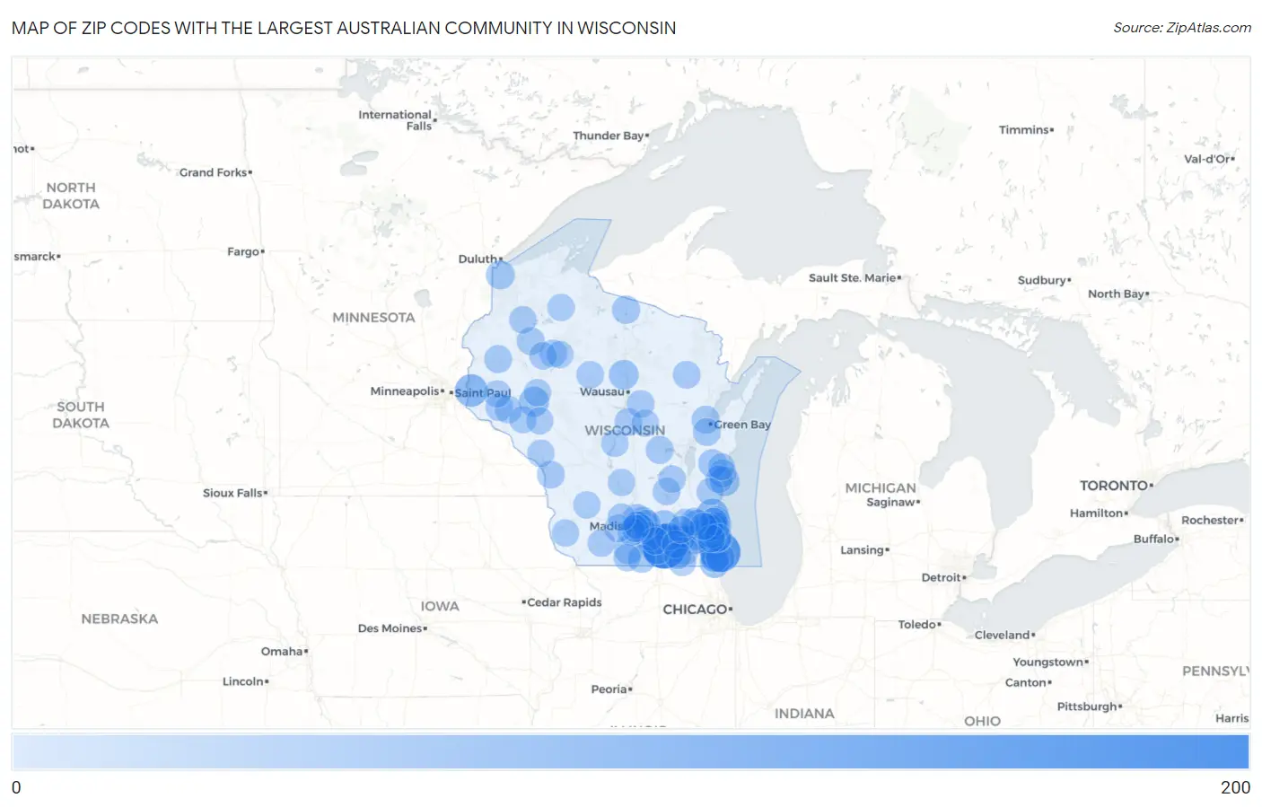 Zip Codes with the Largest Australian Community in Wisconsin Map