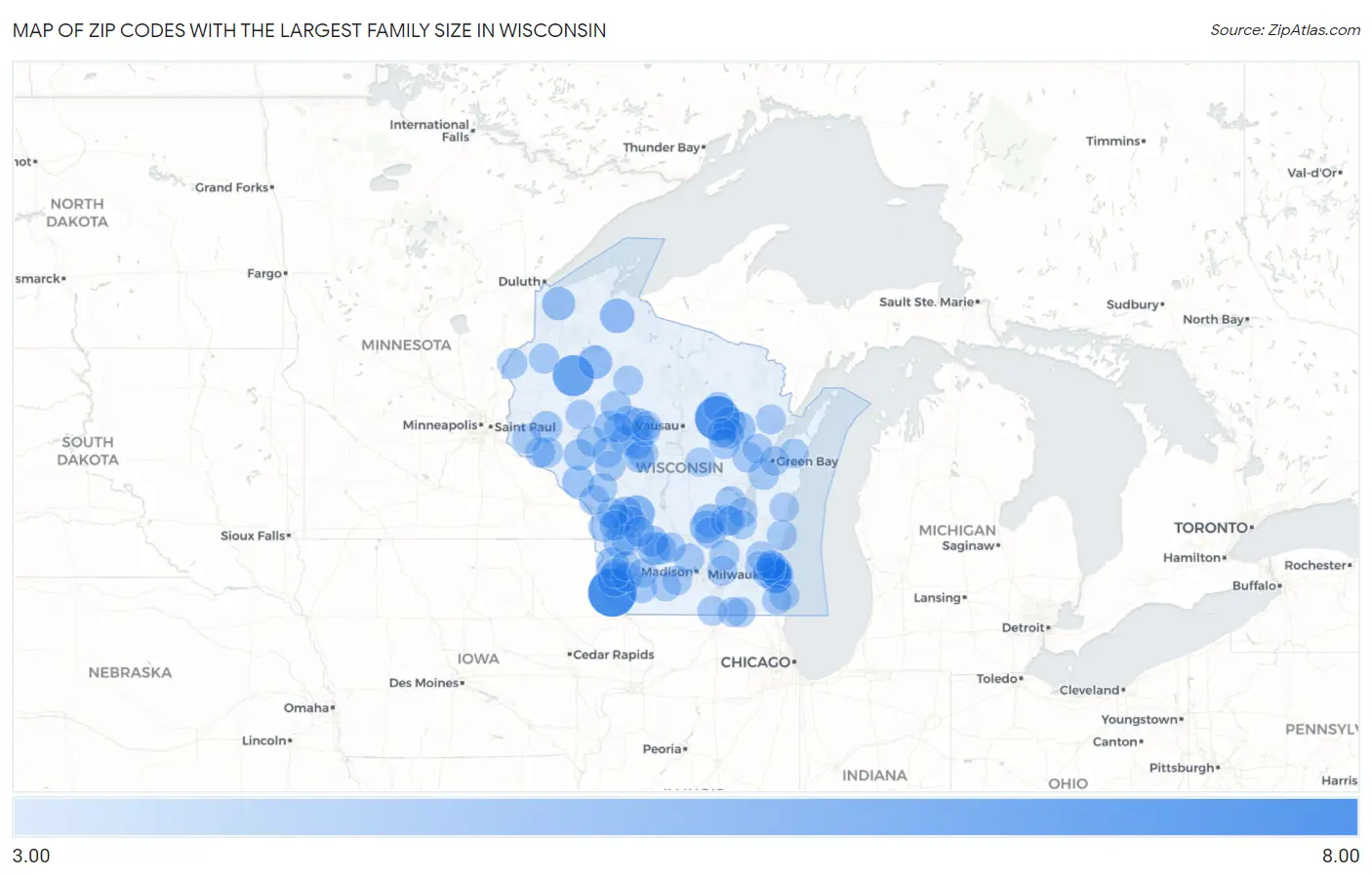Zip Codes with the Largest Family Size in Wisconsin Map