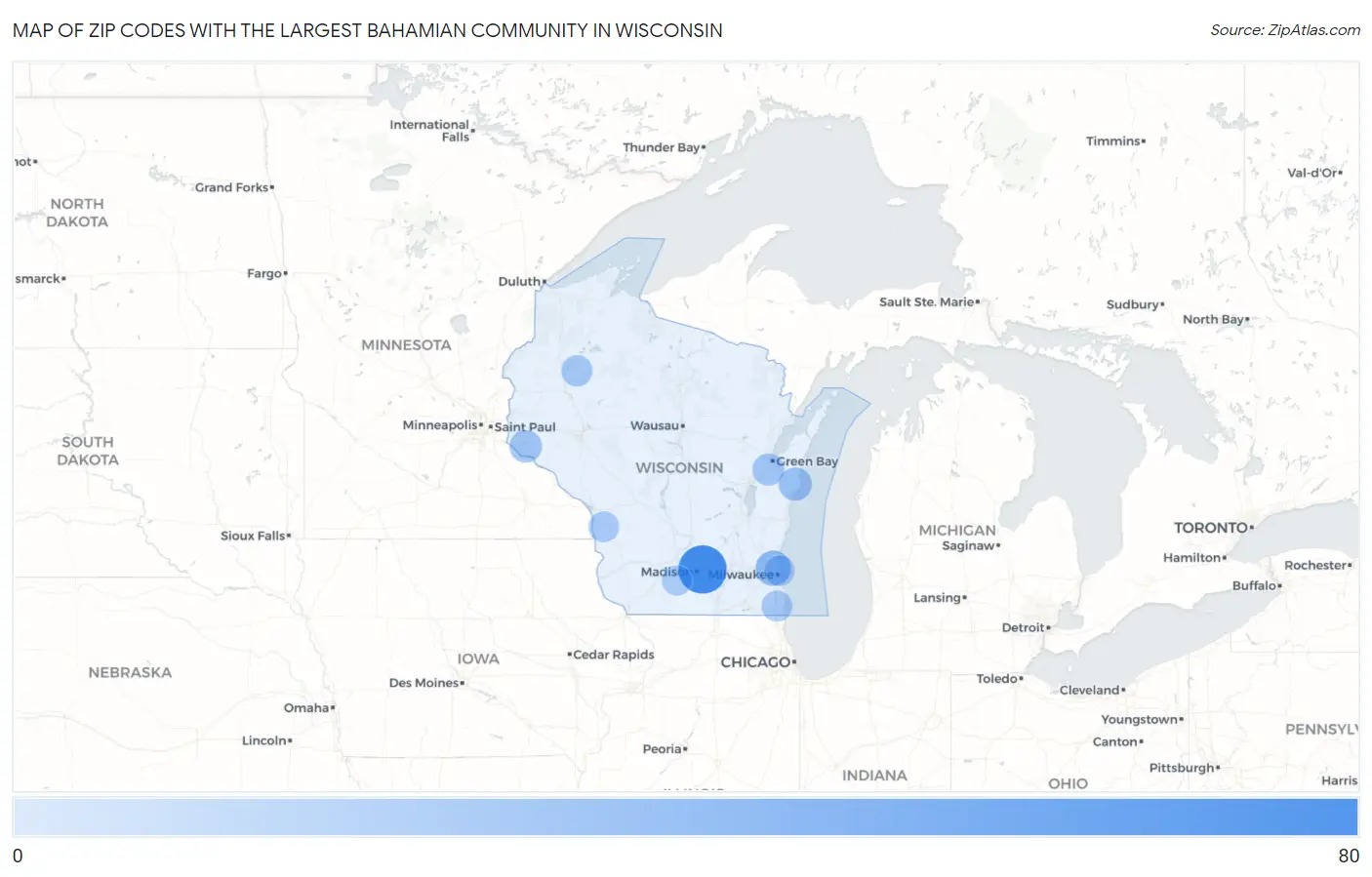 Zip Codes with the Largest Bahamian Community in Wisconsin Map