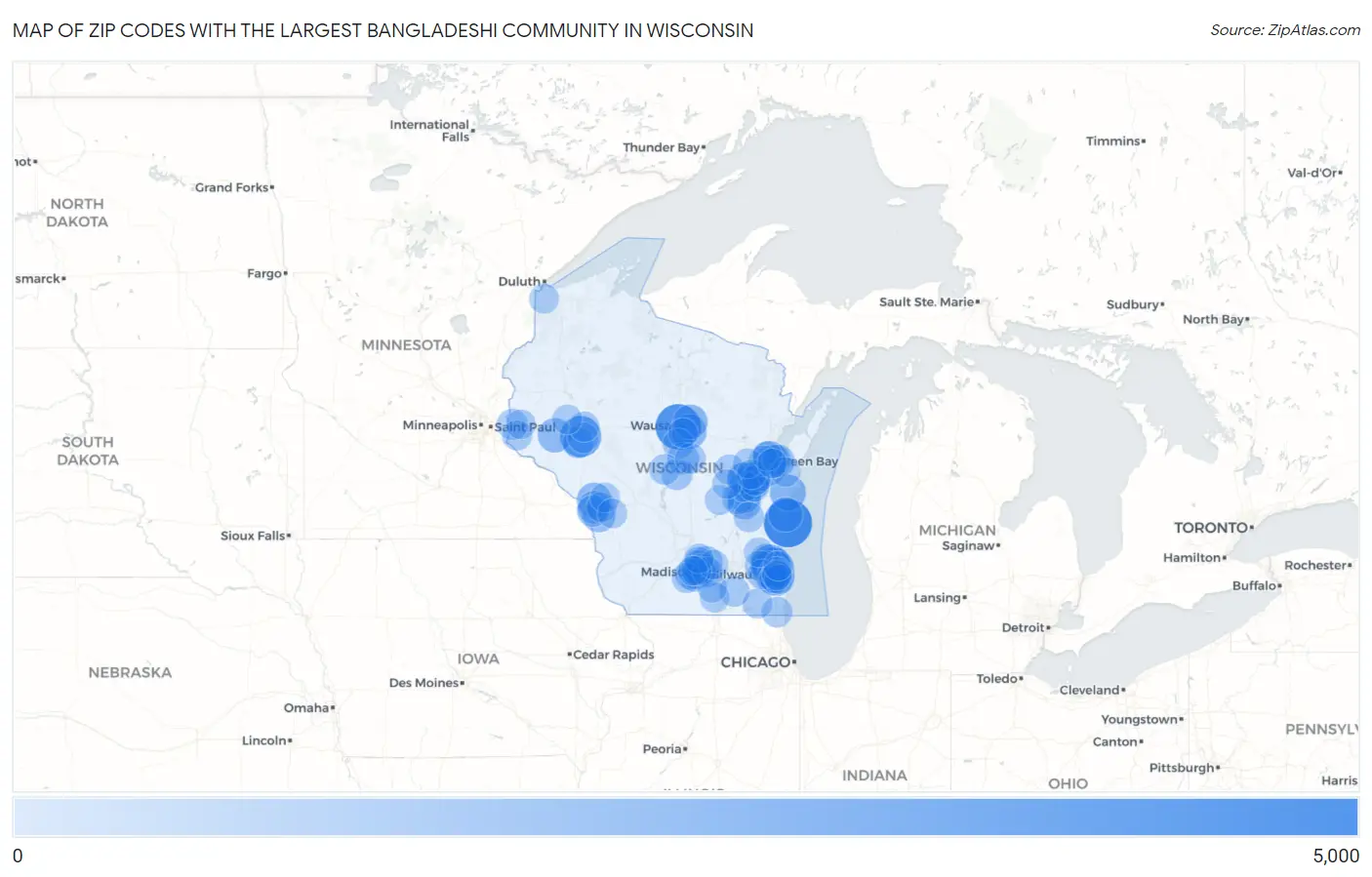 Zip Codes with the Largest Bangladeshi Community in Wisconsin Map