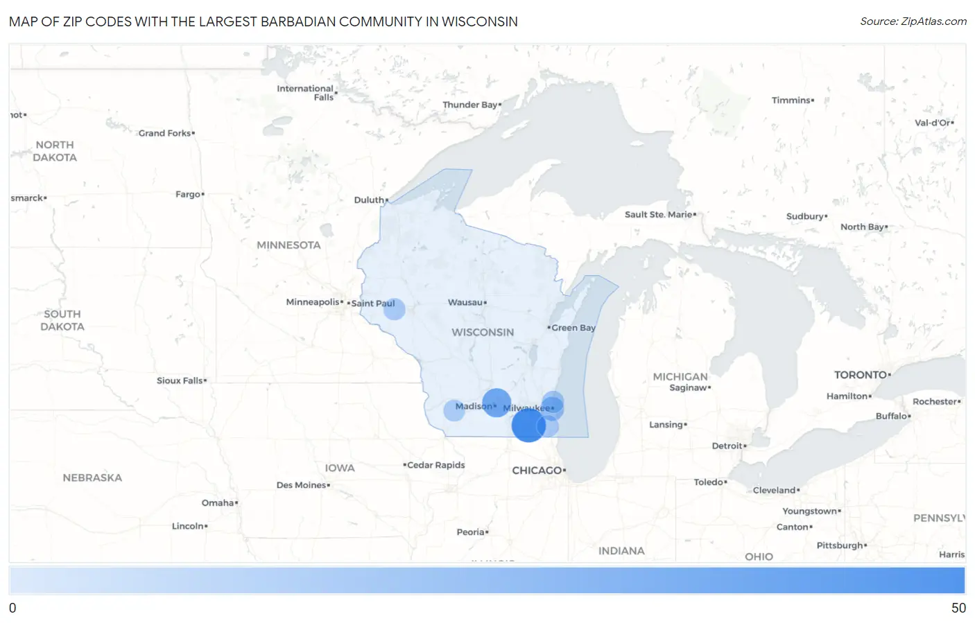 Zip Codes with the Largest Barbadian Community in Wisconsin Map