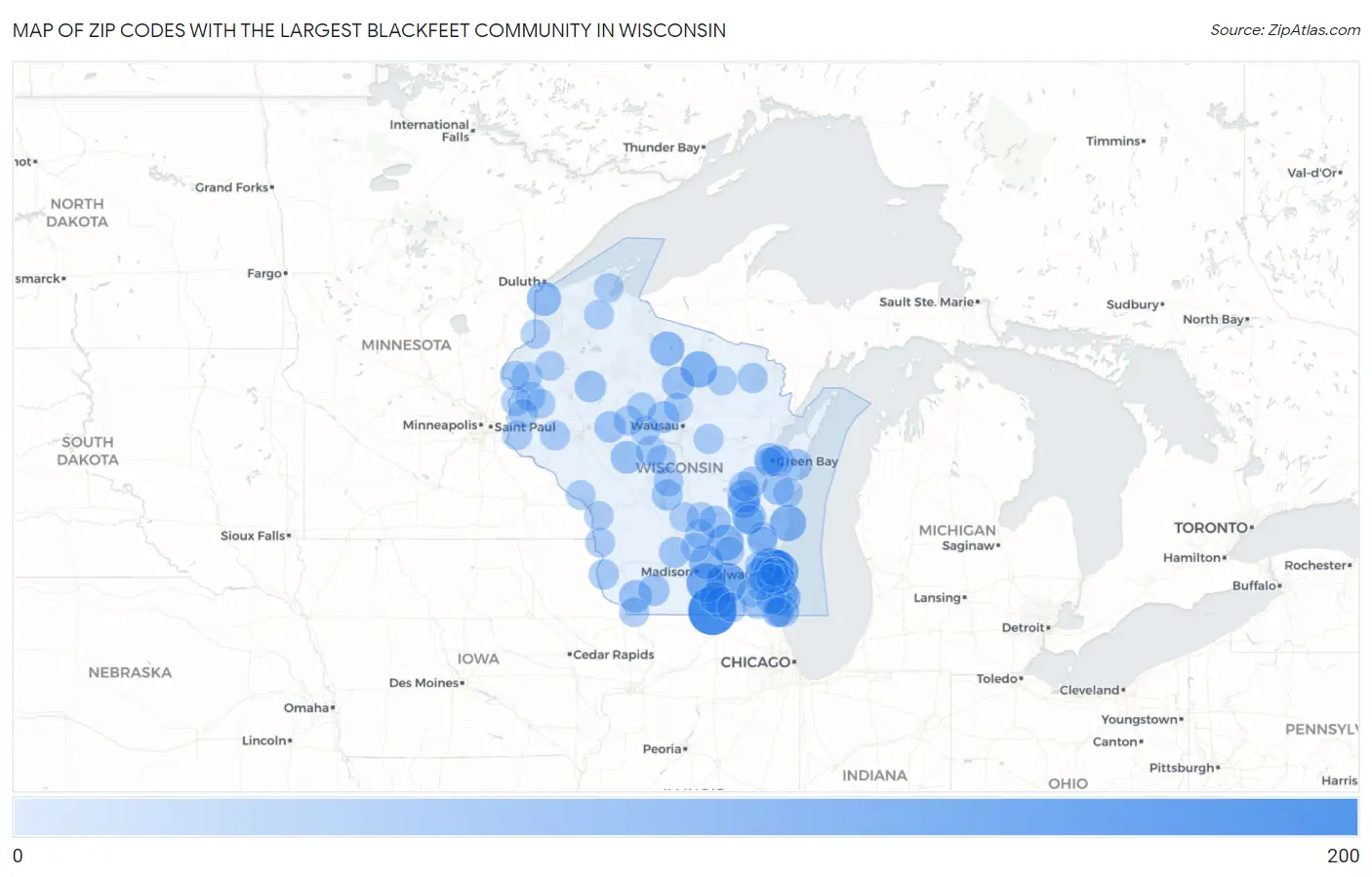 Zip Codes with the Largest Blackfeet Community in Wisconsin Map