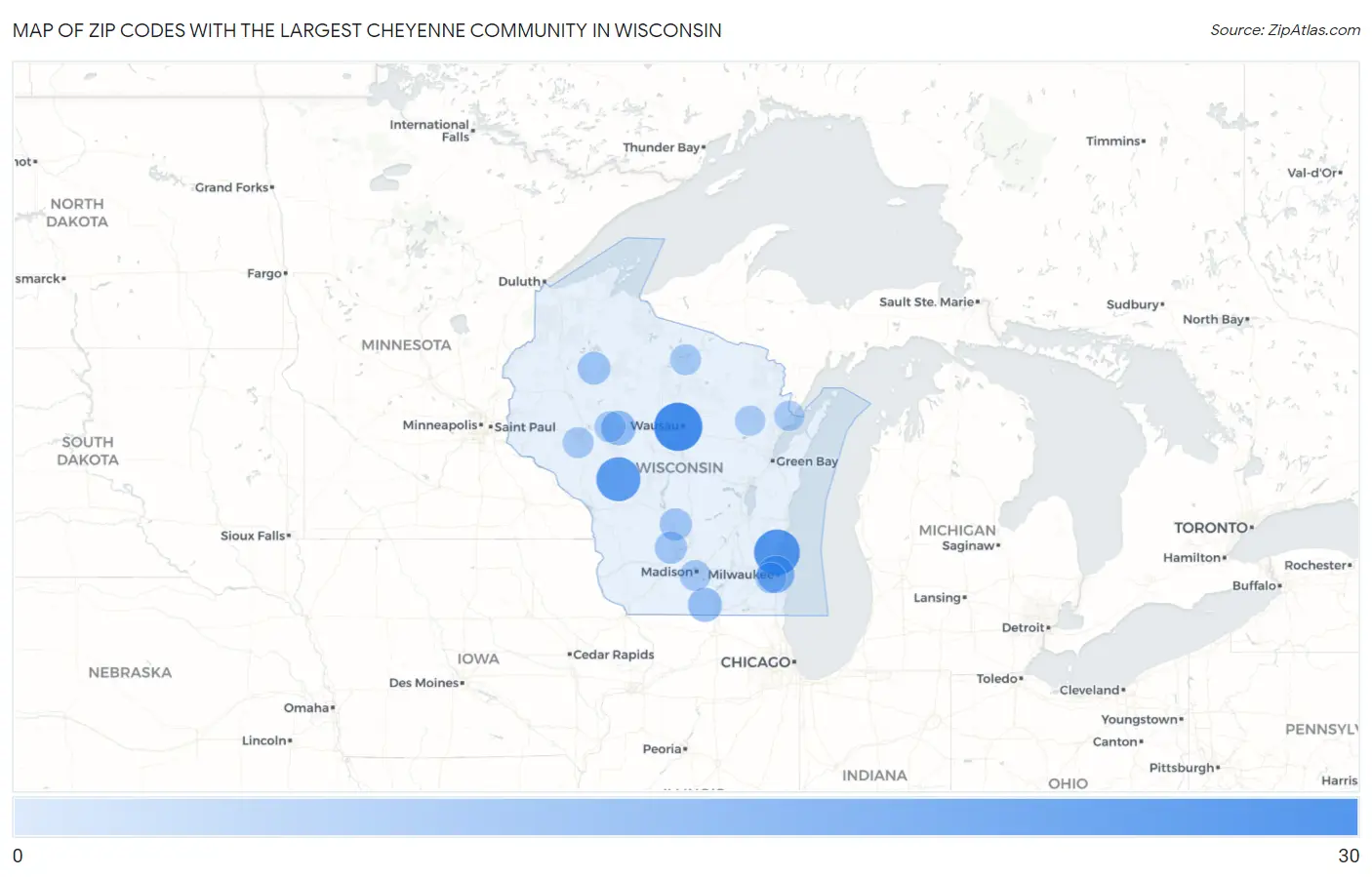 Zip Codes with the Largest Cheyenne Community in Wisconsin Map