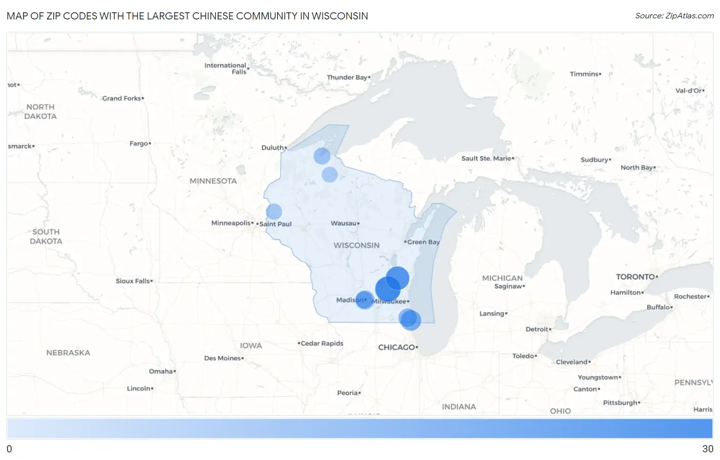 Zip Codes with the Largest Chinese Community in Wisconsin Map