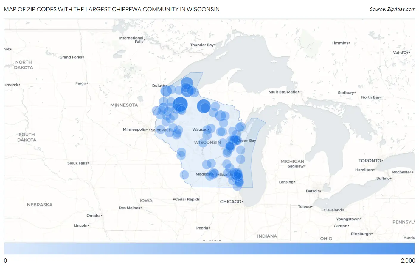 Zip Codes with the Largest Chippewa Community in Wisconsin Map