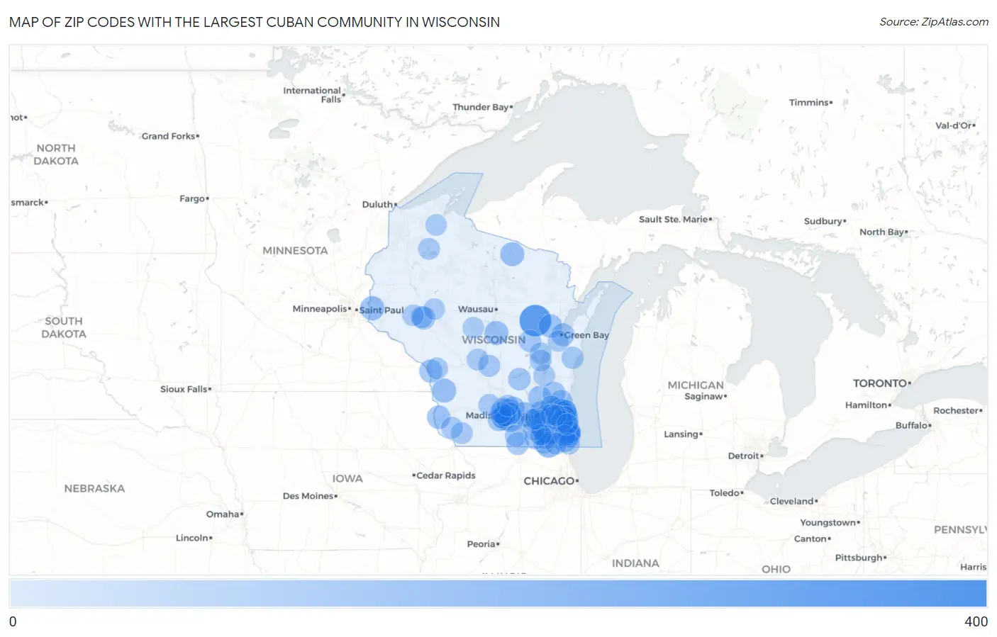 Zip Codes with the Largest Cuban Community in Wisconsin Map