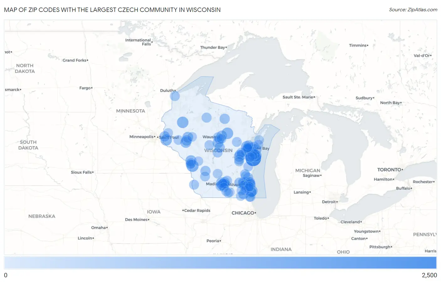 Zip Codes with the Largest Czech Community in Wisconsin Map