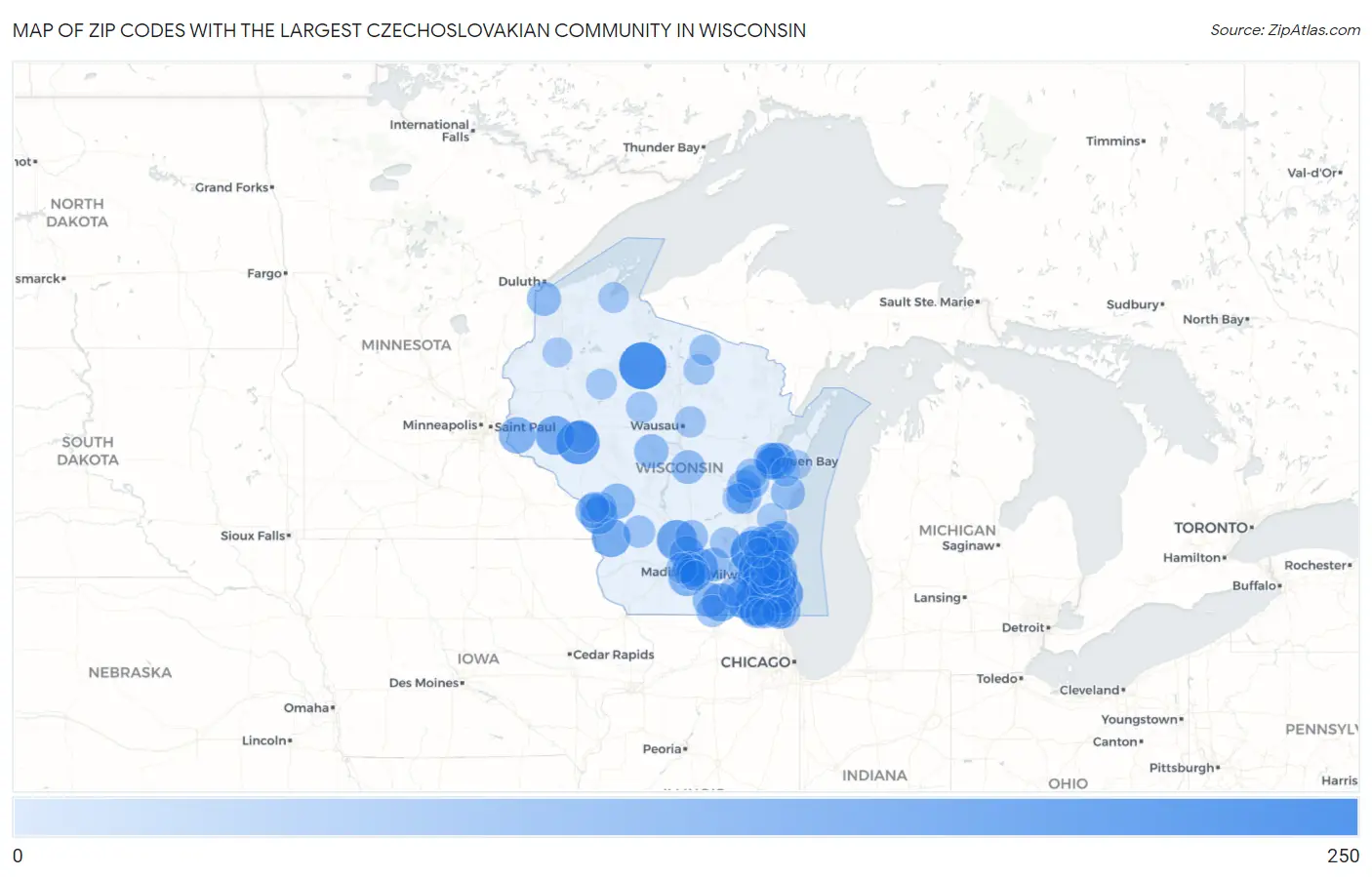 Zip Codes with the Largest Czechoslovakian Community in Wisconsin Map