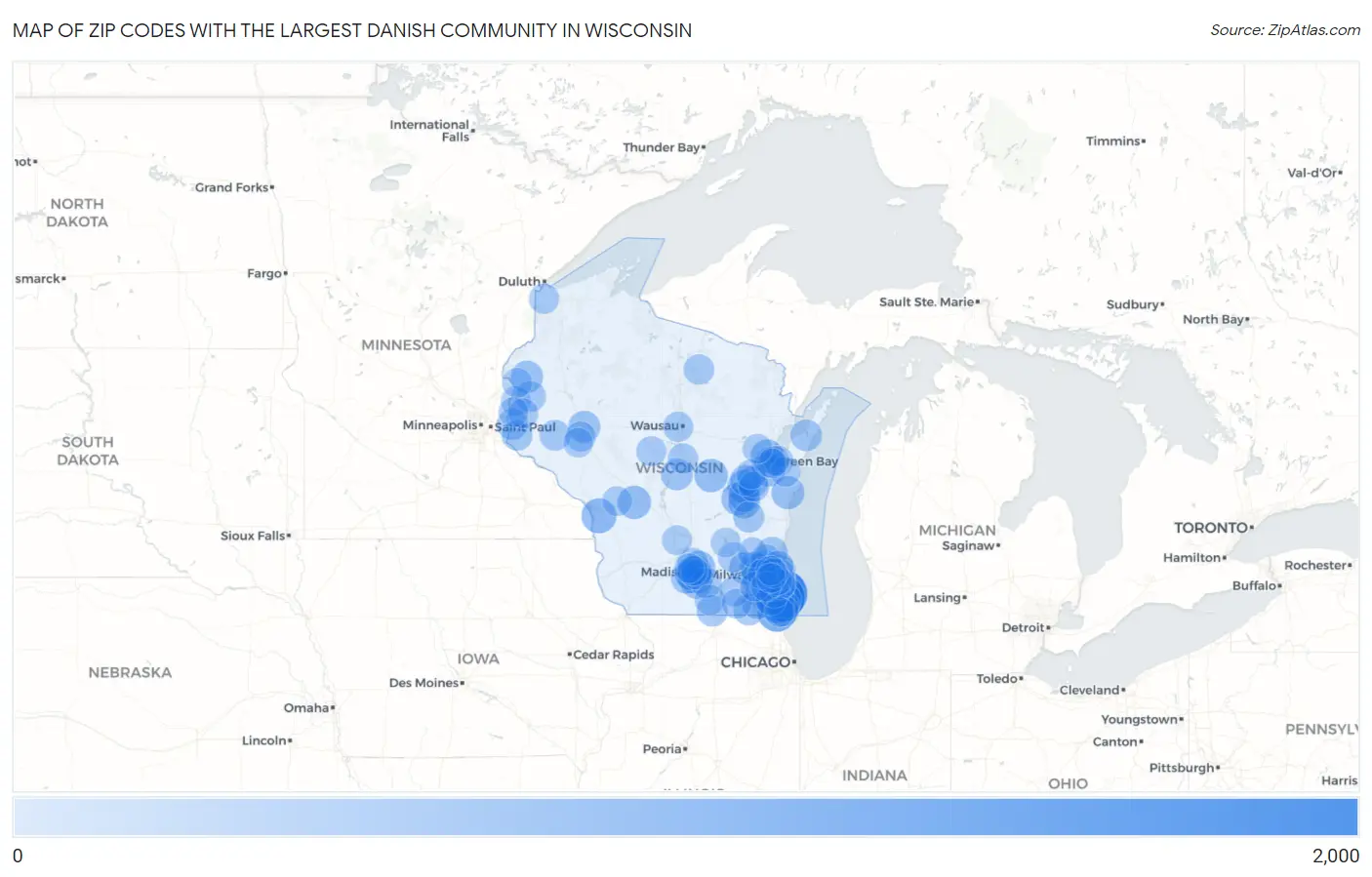 Zip Codes with the Largest Danish Community in Wisconsin Map