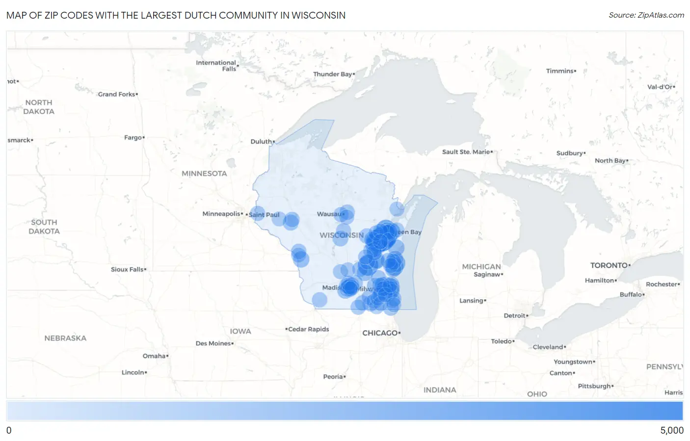 Zip Codes with the Largest Dutch Community in Wisconsin Map