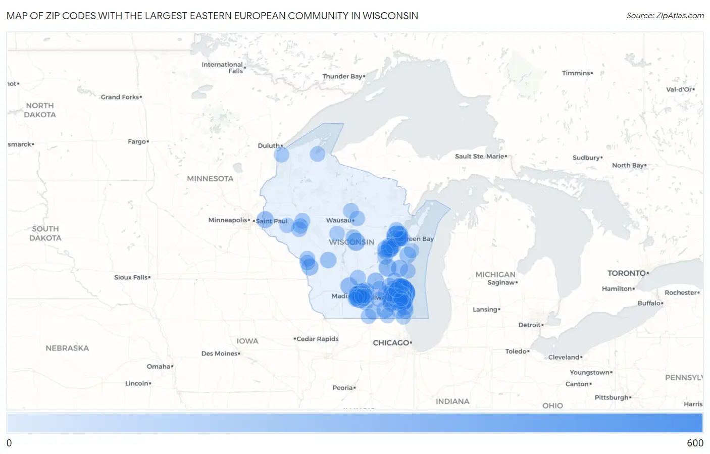Zip Codes with the Largest Eastern European Community in Wisconsin Map