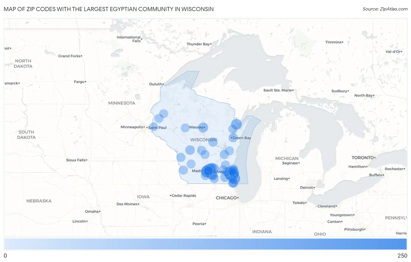 Zip Codes with the Largest Egyptian Community in Wisconsin Map