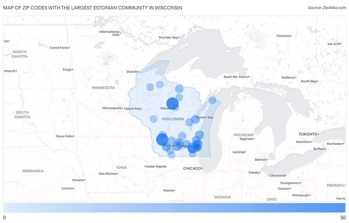 Zip Codes with the Largest Estonian Community in Wisconsin Map