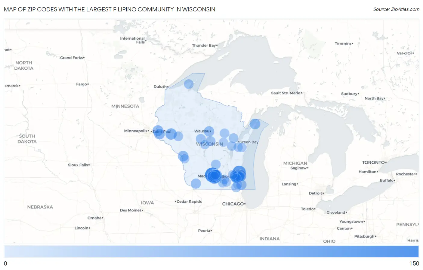 Zip Codes with the Largest Filipino Community in Wisconsin Map
