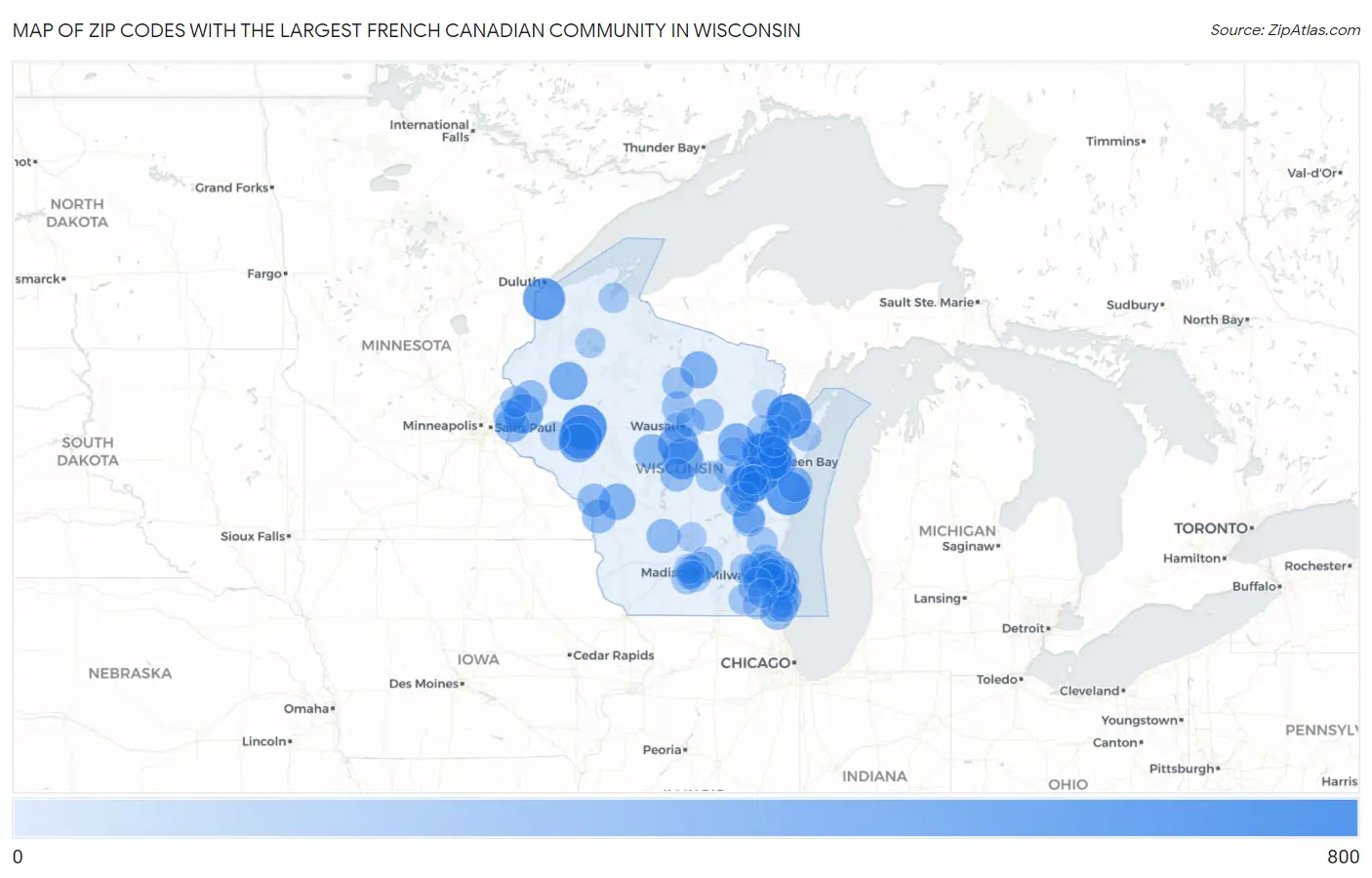 Zip Codes with the Largest French Canadian Community in Wisconsin Map