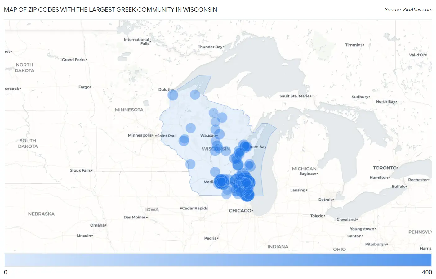 Zip Codes with the Largest Greek Community in Wisconsin Map