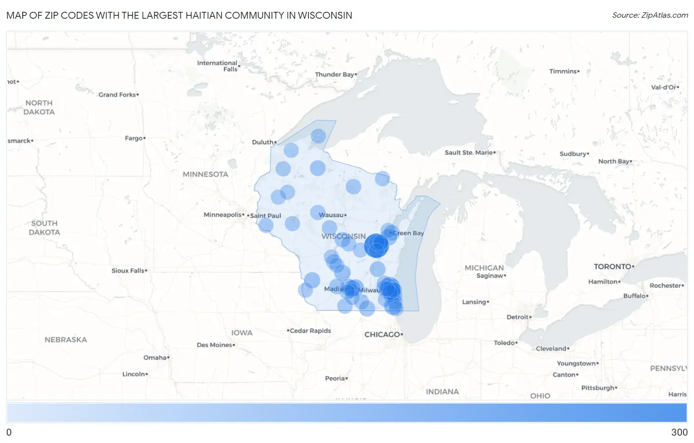 Zip Codes with the Largest Haitian Community in Wisconsin Map