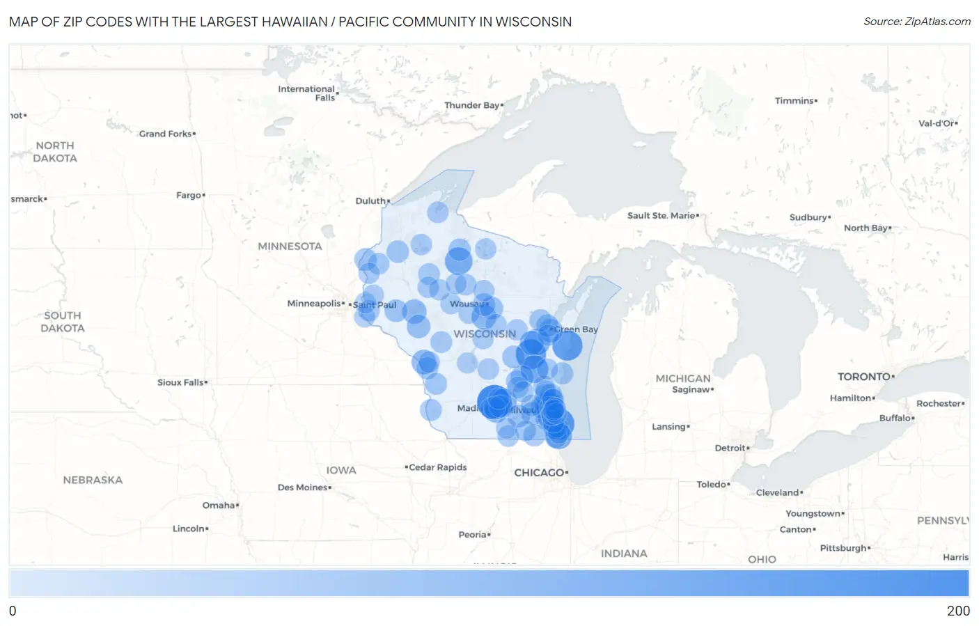 Zip Codes with the Largest Hawaiian / Pacific Community in Wisconsin Map