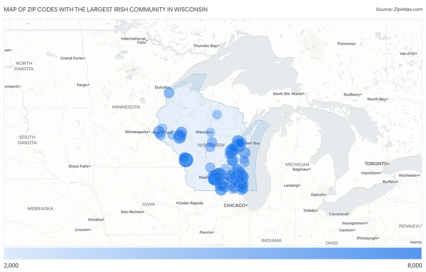 Zip Codes with the Largest Irish Community in Wisconsin Map