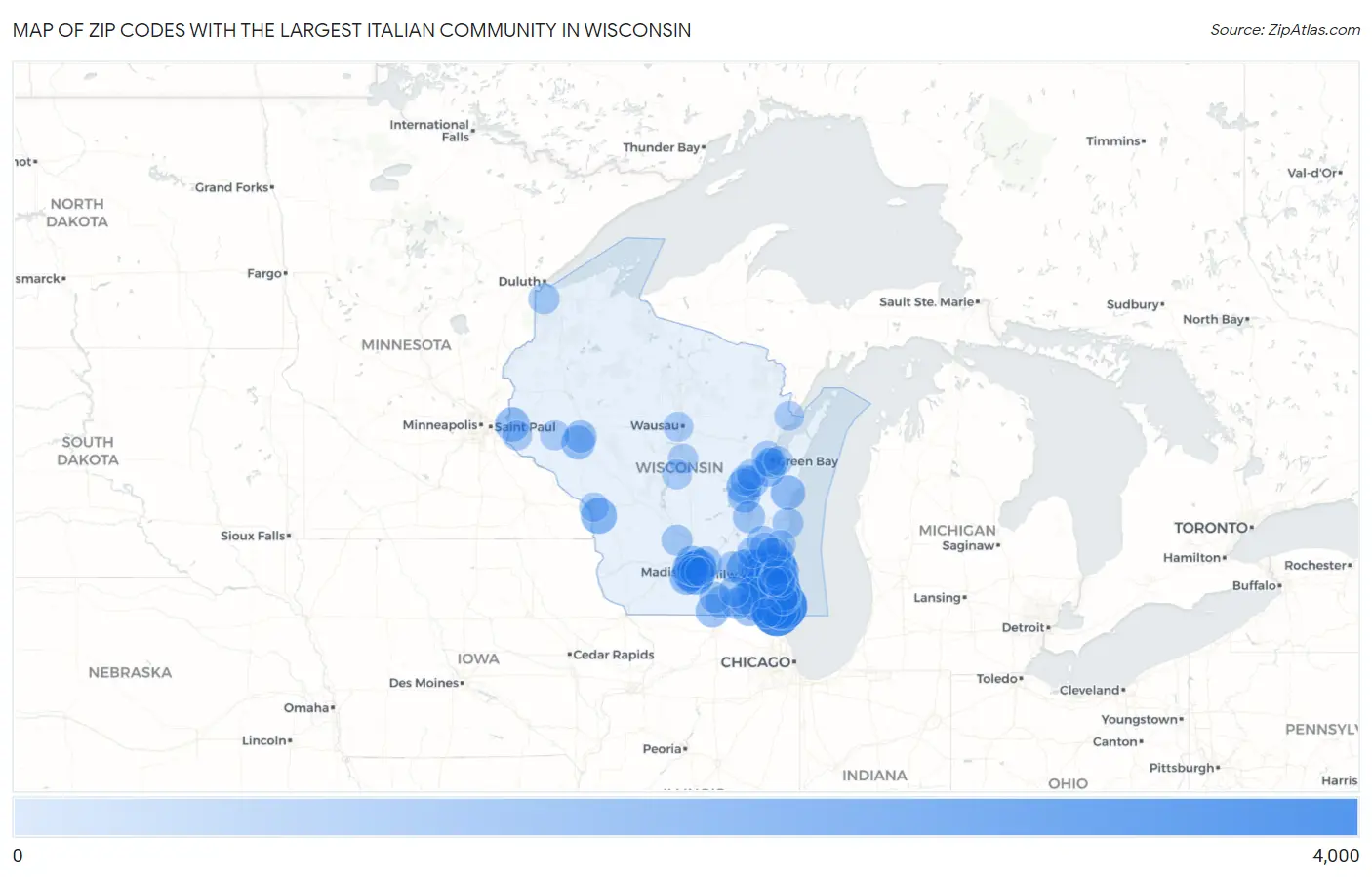 Zip Codes with the Largest Italian Community in Wisconsin Map