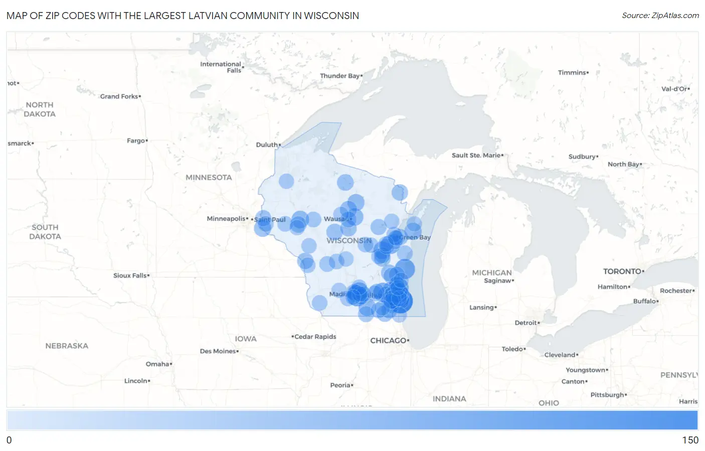 Zip Codes with the Largest Latvian Community in Wisconsin Map