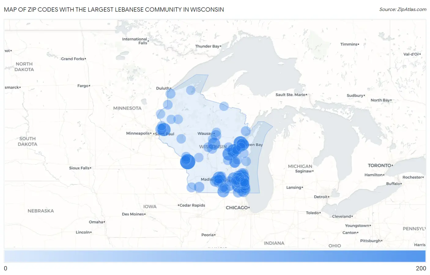 Zip Codes with the Largest Lebanese Community in Wisconsin Map