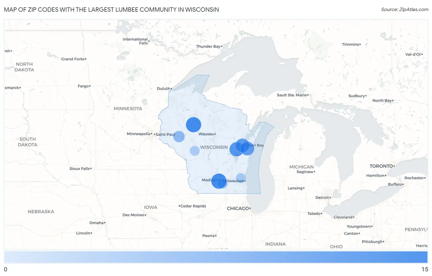 Zip Codes with the Largest Lumbee Community in Wisconsin Map
