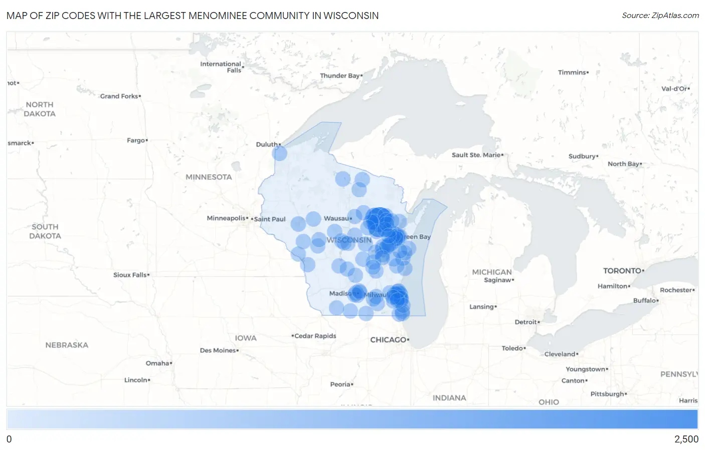 Zip Codes with the Largest Menominee Community in Wisconsin Map