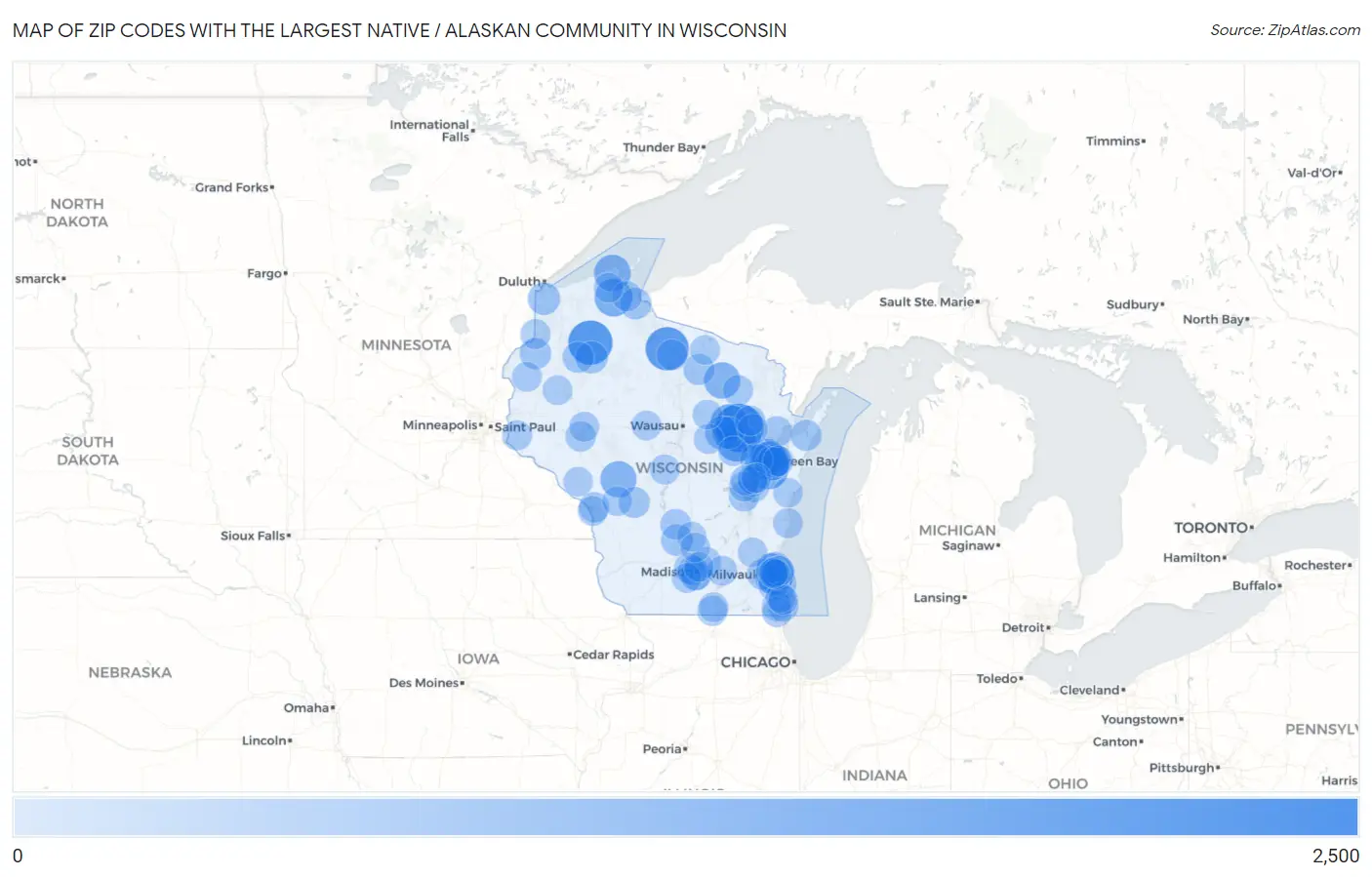Zip Codes with the Largest Native / Alaskan Community in Wisconsin Map
