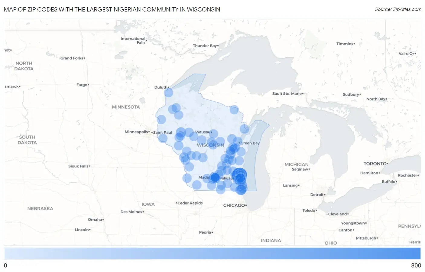 Zip Codes with the Largest Nigerian Community in Wisconsin Map
