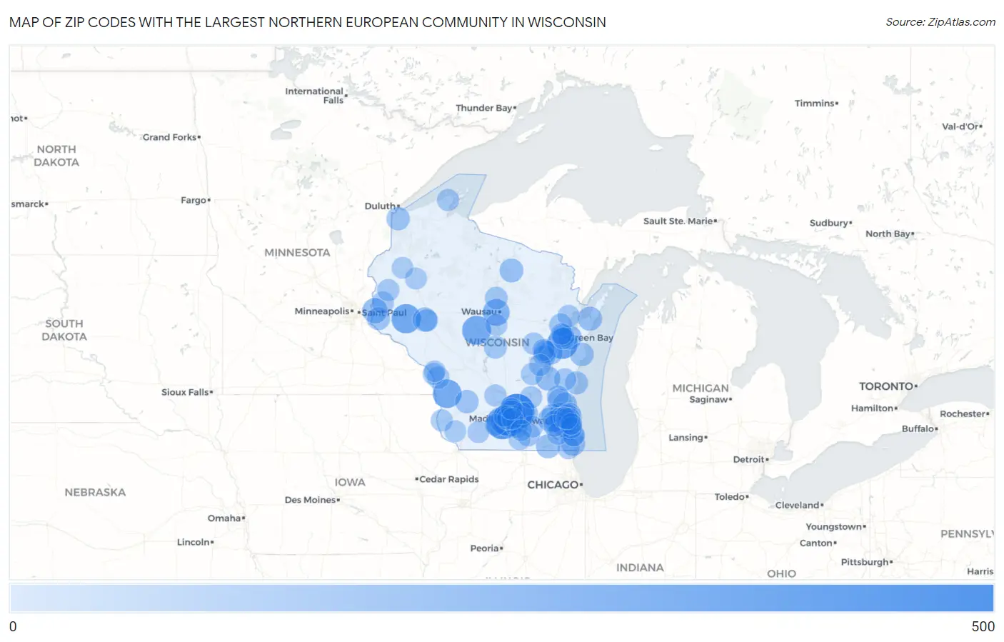 Zip Codes with the Largest Northern European Community in Wisconsin Map