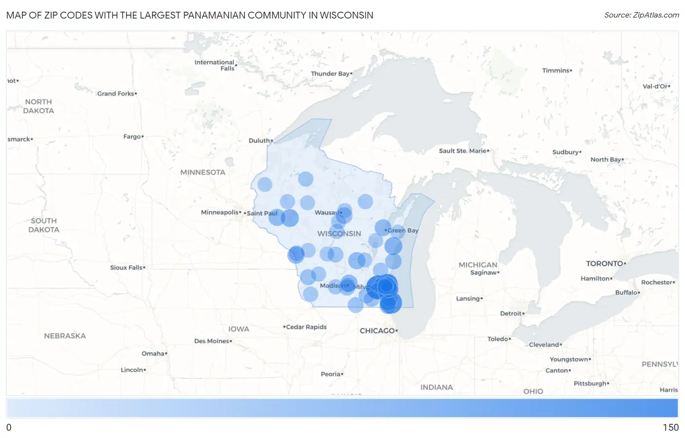 Zip Codes with the Largest Panamanian Community in Wisconsin Map