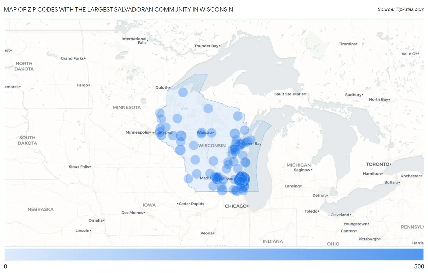 Zip Codes with the Largest Salvadoran Community in Wisconsin Map