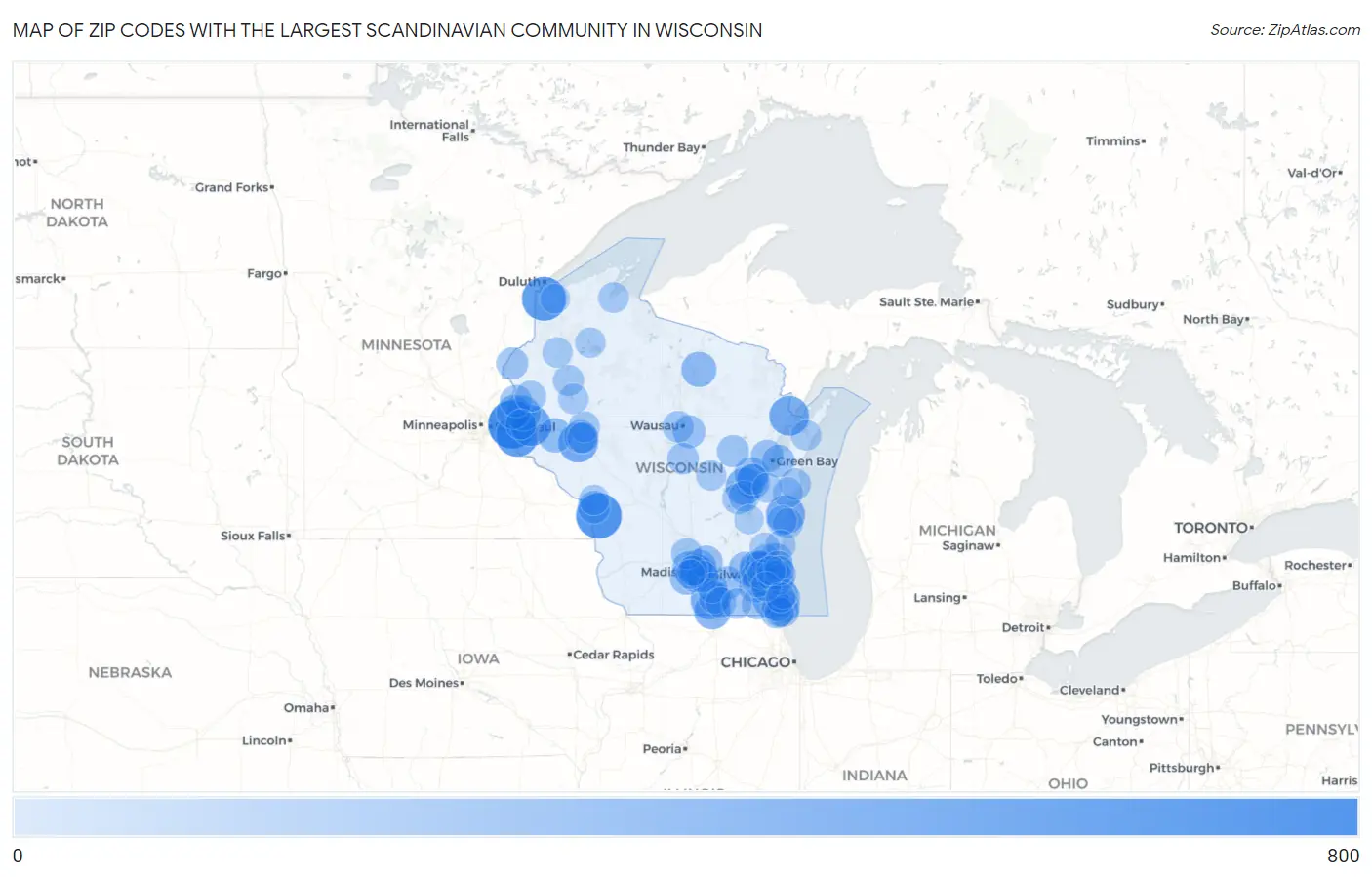 Zip Codes with the Largest Scandinavian Community in Wisconsin Map