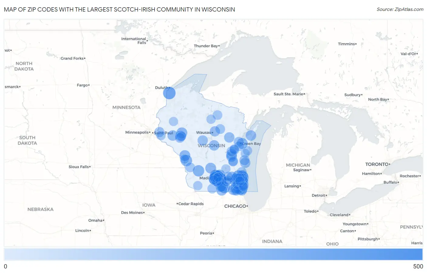 Zip Codes with the Largest Scotch-Irish Community in Wisconsin Map