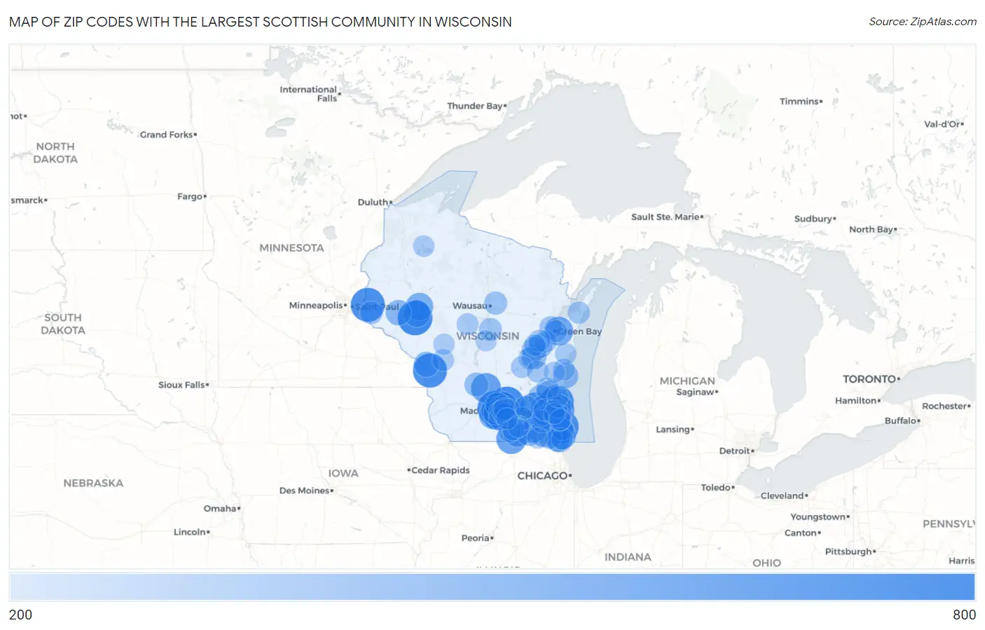 Zip Codes with the Largest Scottish Community in Wisconsin Map