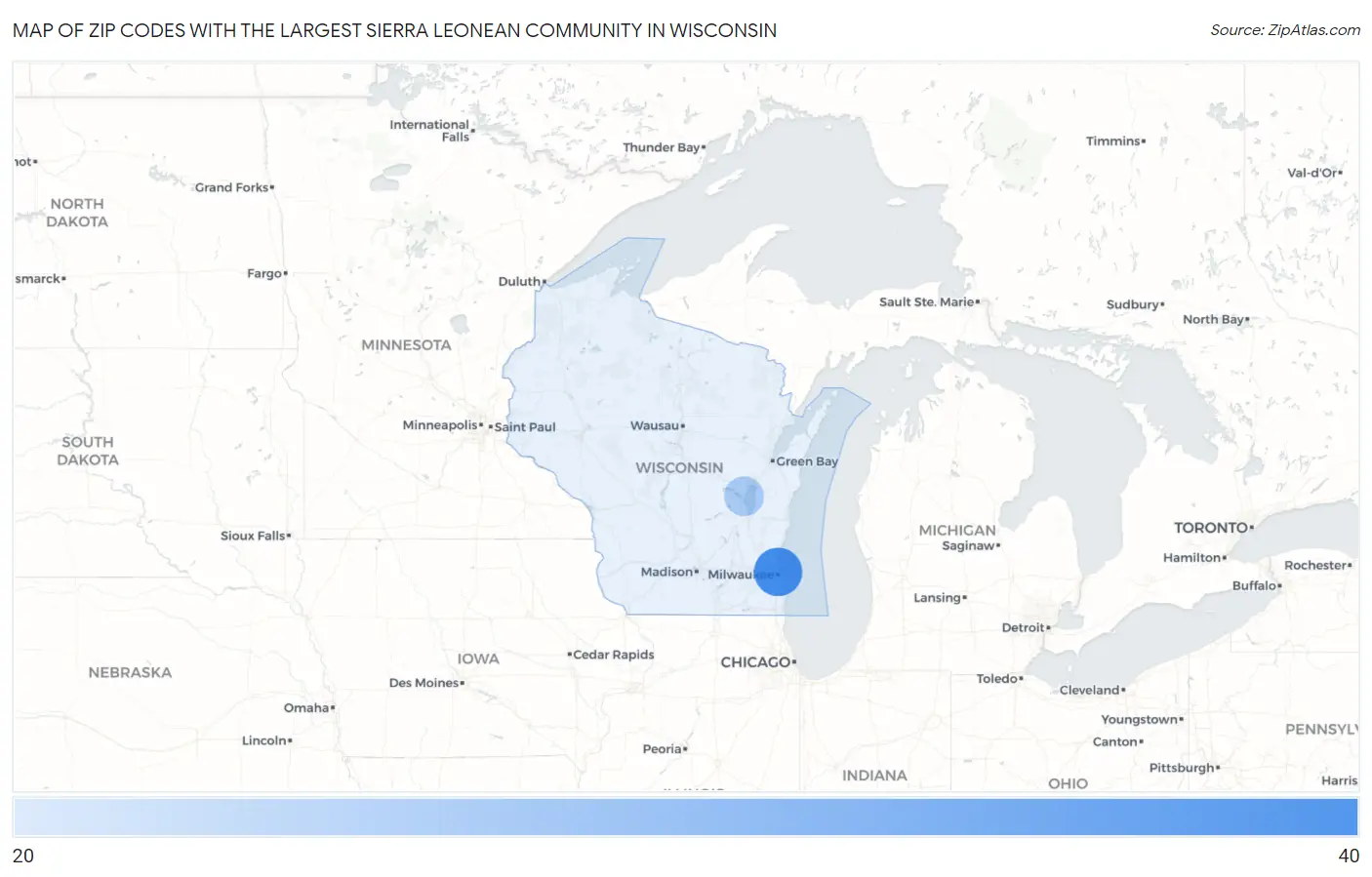 Zip Codes with the Largest Sierra Leonean Community in Wisconsin Map