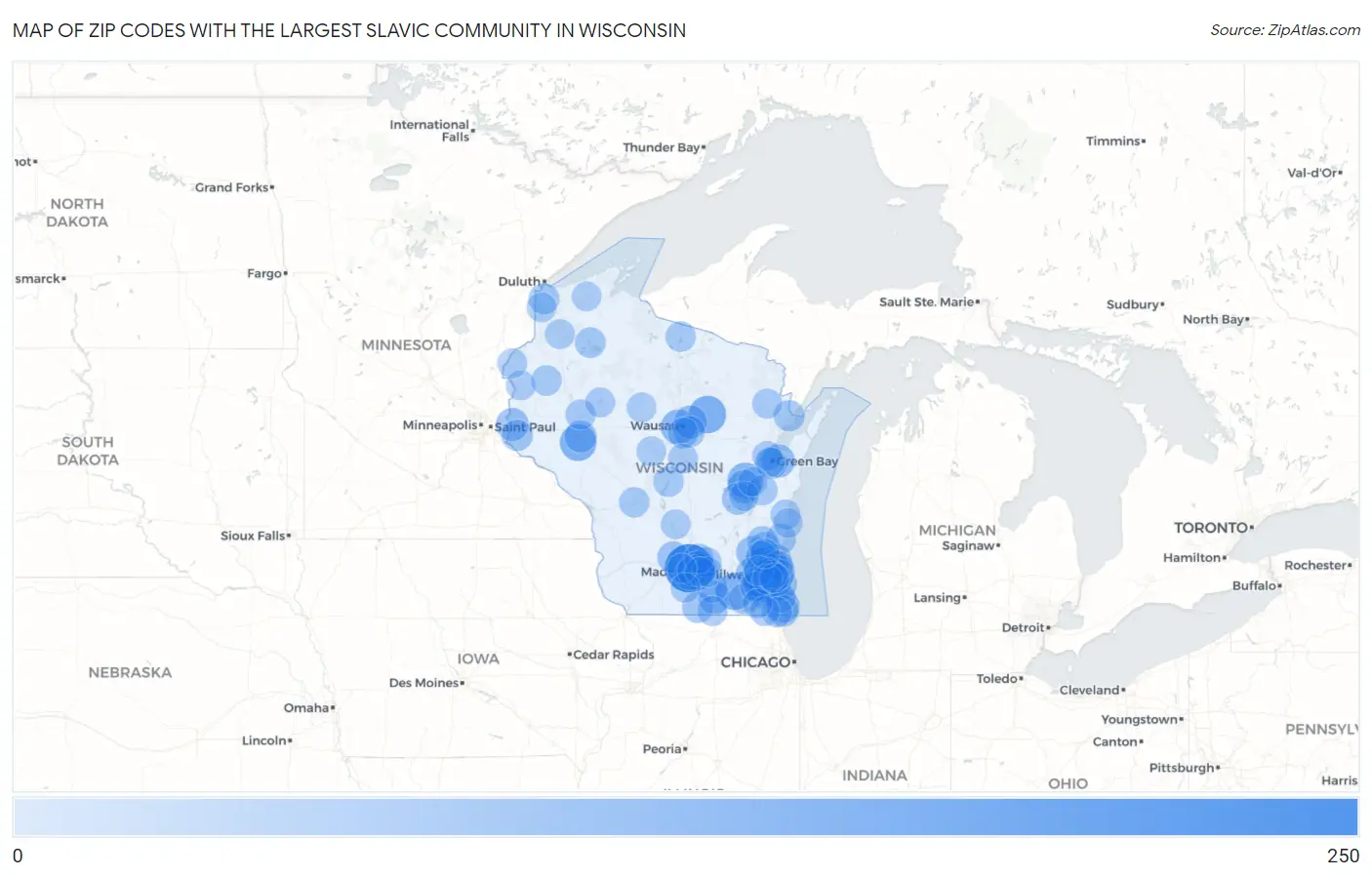 Zip Codes with the Largest Slavic Community in Wisconsin Map