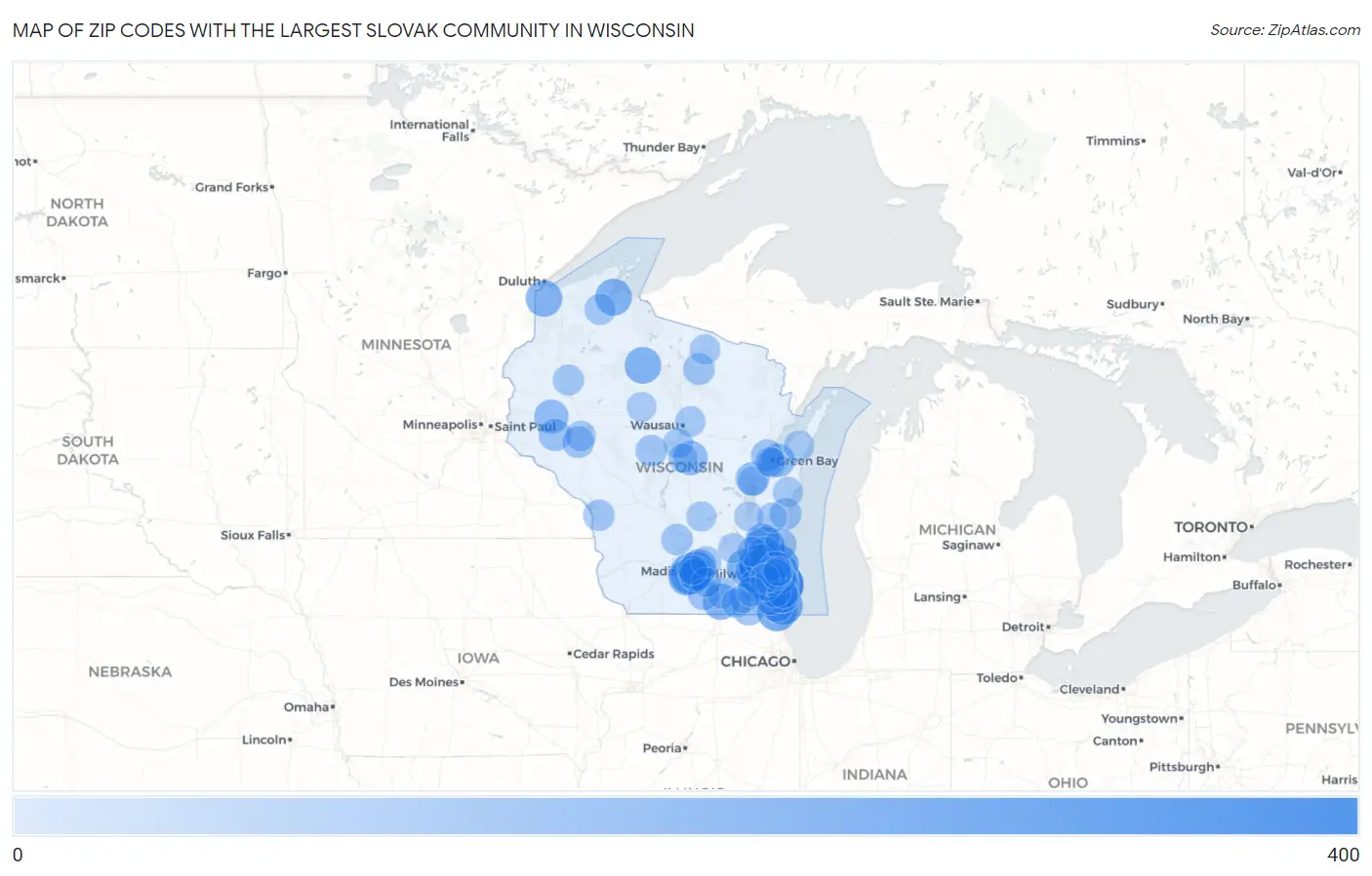 Zip Codes with the Largest Slovak Community in Wisconsin Map