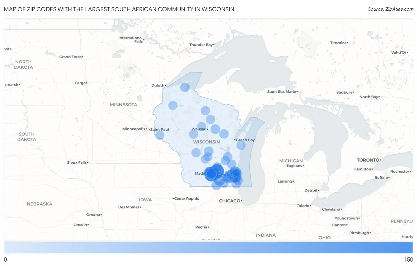 Zip Codes with the Largest South African Community in Wisconsin Map