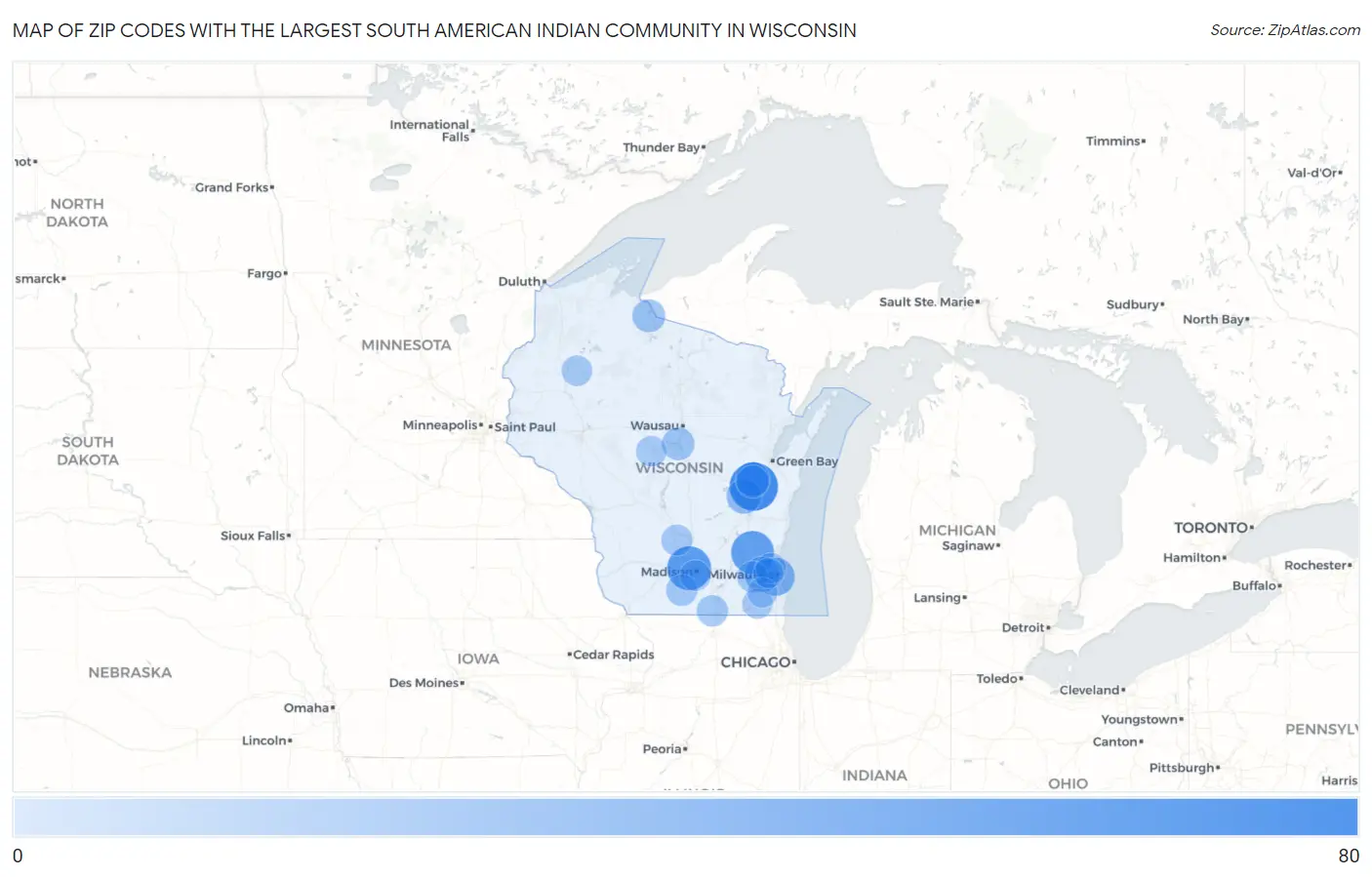Zip Codes with the Largest South American Indian Community in Wisconsin Map
