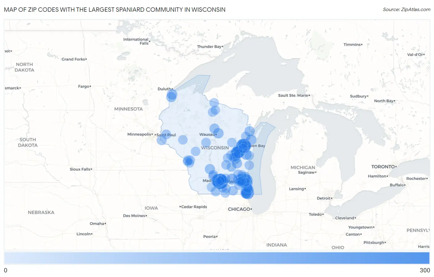 Zip Codes with the Largest Spaniard Community in Wisconsin Map