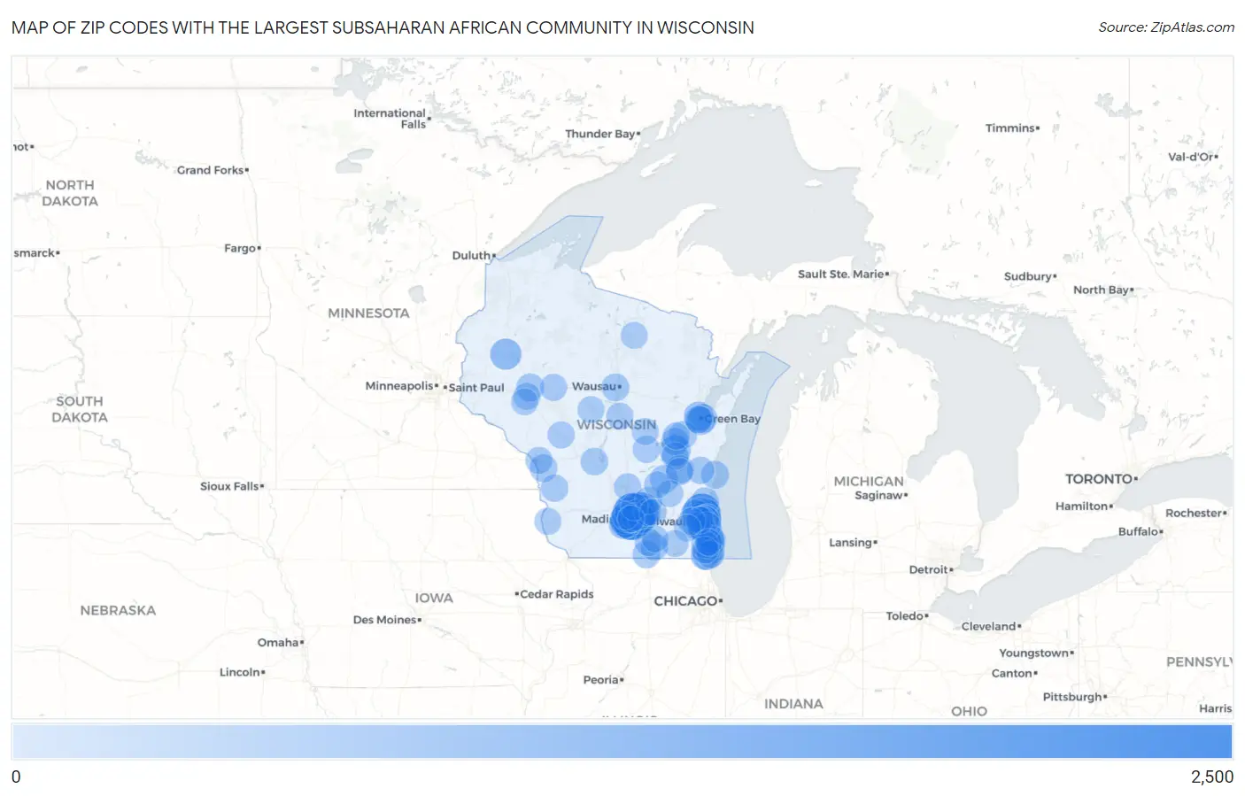 Zip Codes with the Largest Subsaharan African Community in Wisconsin Map