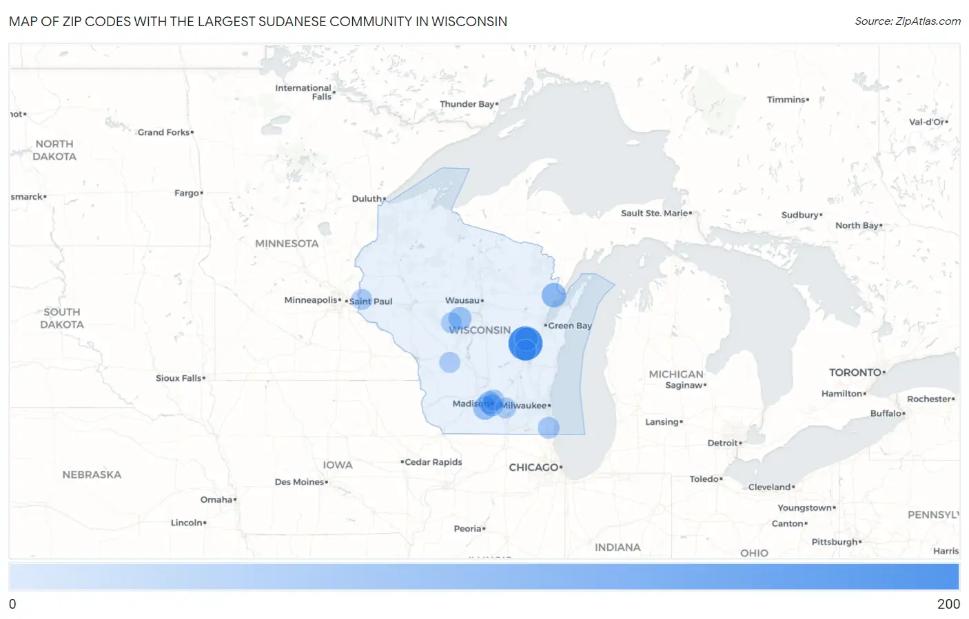 Zip Codes with the Largest Sudanese Community in Wisconsin Map