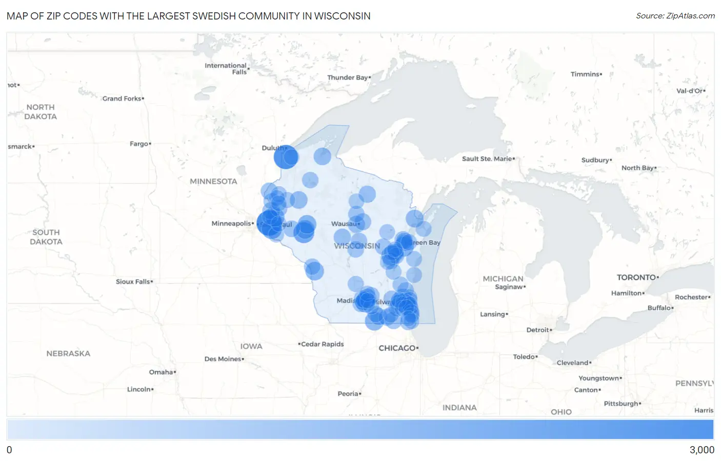 Zip Codes with the Largest Swedish Community in Wisconsin Map