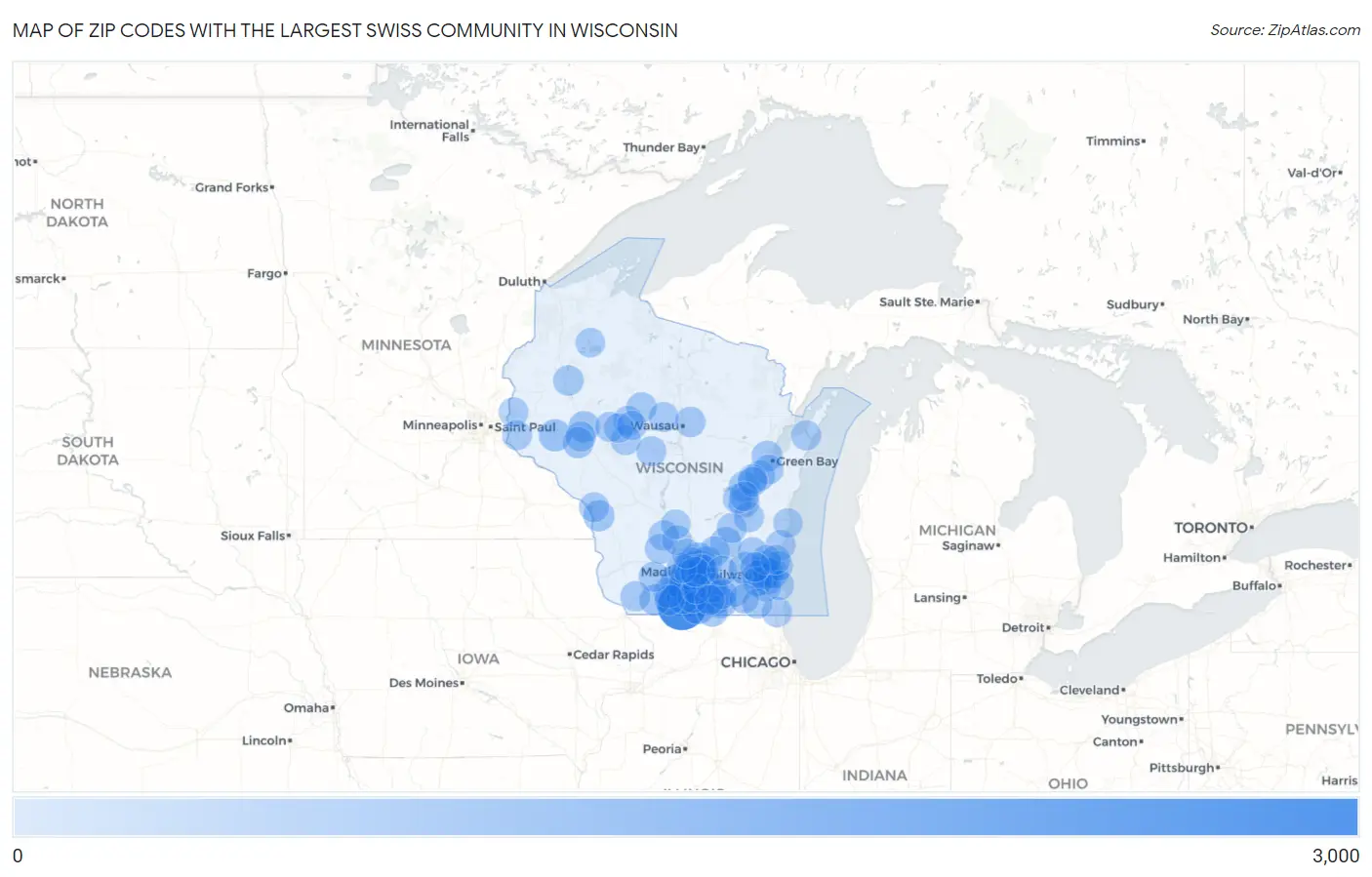 Zip Codes with the Largest Swiss Community in Wisconsin Map