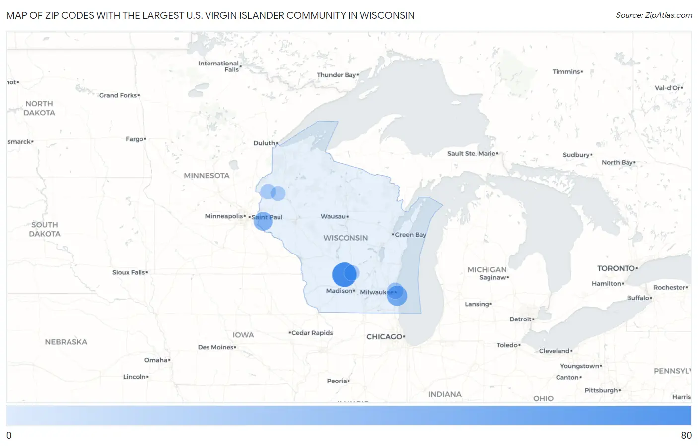 Zip Codes with the Largest U.S. Virgin Islander Community in Wisconsin Map