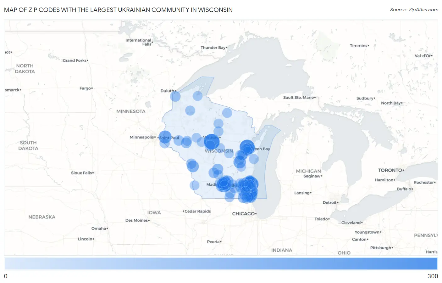 Zip Codes with the Largest Ukrainian Community in Wisconsin Map