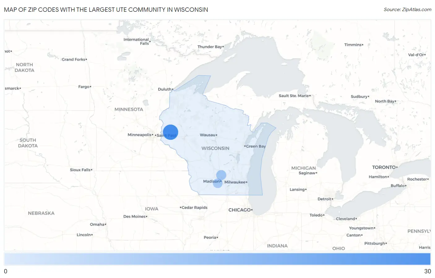 Zip Codes with the Largest Ute Community in Wisconsin Map